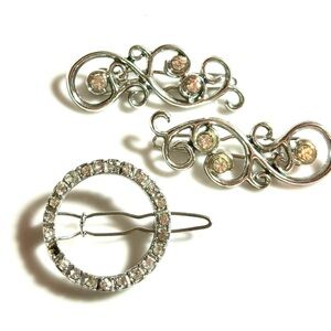 Lot of 3 Vintage Silvertone Metal Hair Barettes Round one  missing 1 Rhinestone